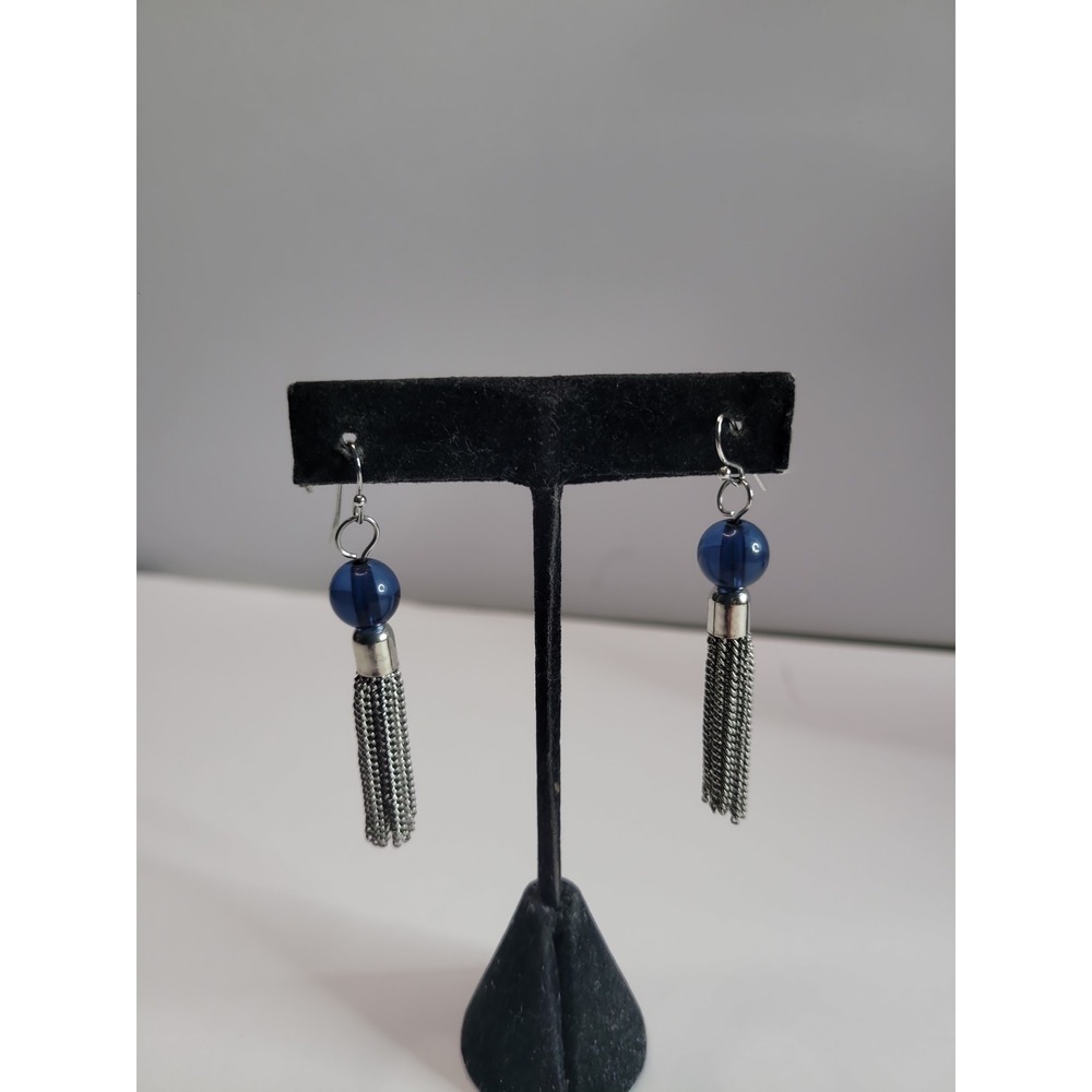 Silver Tone Tassel Dangle Earrings Dark Blue Bead French Wire Boho Fringe